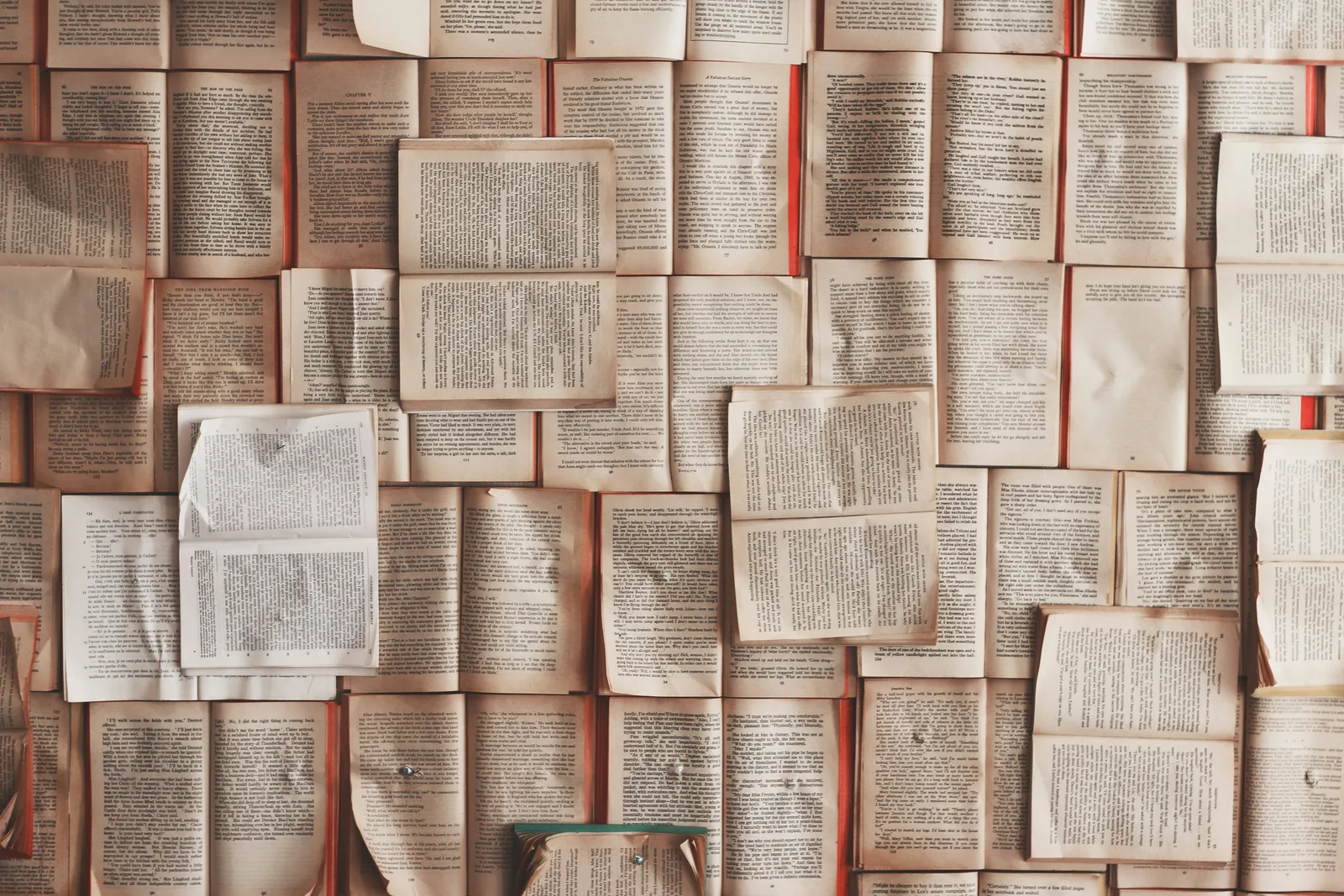 Des dizaines de livres ouverts, posés côte à côte